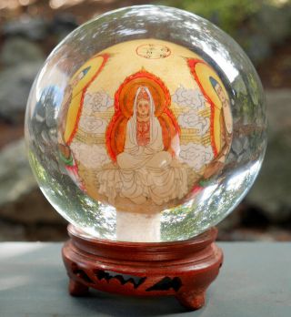 VINTAGE HAND PAINTED ART INNER PAINTING CHINESE CRYSTAL BALL W/ 4 BUDDHA IMAGES 5