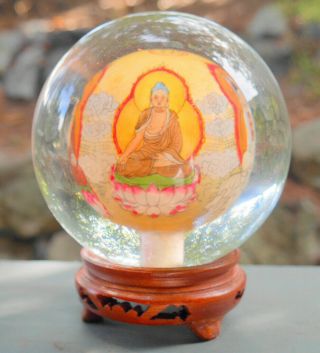 VINTAGE HAND PAINTED ART INNER PAINTING CHINESE CRYSTAL BALL W/ 4 BUDDHA IMAGES 6