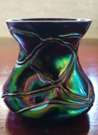 Brilliant Pinched Iridescent Art Nouveau Vase - Blue Green Purples - Loetz ?