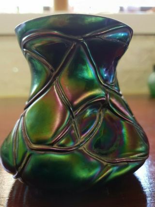 BRILLIANT PINCHED IRIDESCENT ART NOUVEAU VASE - BLUE GREEN PURPLES - LOETZ ? 3