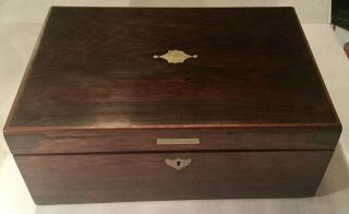 Antique Victorian Slant Wood Lap Desk,  Silver Inlay,  Quill Penn & 2 Ink Wells