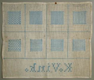 CIRCA 1900 LIGHT BLUE ANTIQUE DUTCH DARNING MENDING SAMPLER NEEDLEWORK ' K.  VINK ' 5