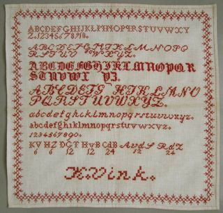 Circa 1900 Antique Red Needlework Sampler Dutch Cross Stitch Alphabet 