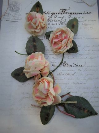 Antique Rare Bouquet French Roses Named Pierre De Ronsard Roses In Fabric 19th