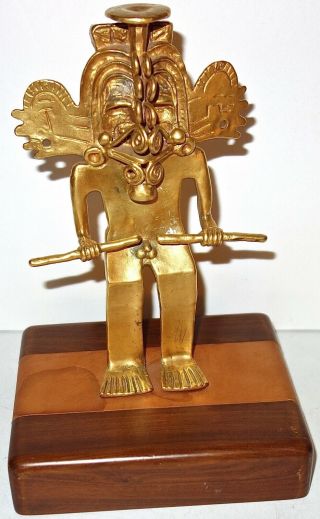 Vintage 24k Gold Plated Signed Statue Of Incan Mayan Aztec God On Wood Base 2