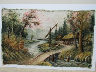 Antique Vintage Asian Silk Embroidered Crewel Work Picture 11x18 " Landscape
