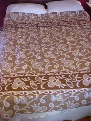 Vintage Blanket,  White And Brown W/ Reversible Floral Design