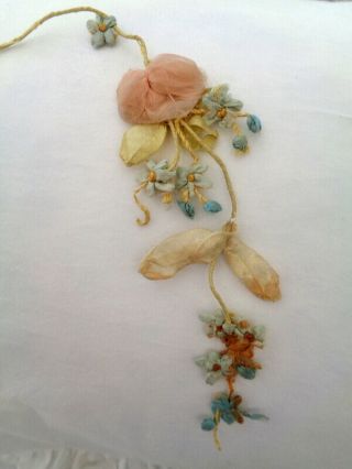 Gorgeous Victorian French 7 1/4 " Long Silk Ribbonwork Rose Flowers Buds Vines