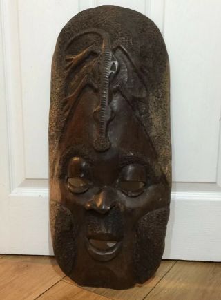 Large 62cm Vintage African Hand Carved Wooden Tribal Face Mask With Lizard