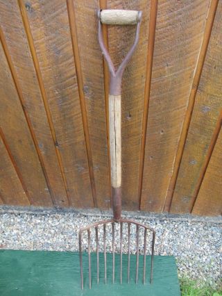 Rare Antique 10 Prong Hay Pitch Fork 45 " Wooden Handle Country Decor
