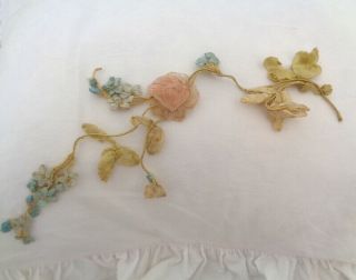 Gorgeous Victorian French 10 1/4 " Long Silk Ribbonwork Rose Flowers Buds Vines