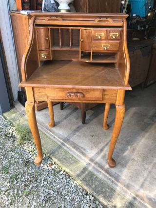 Vintage Oak Secretary Desk Chippendale Style Roll Up Top Drawer & Compartments