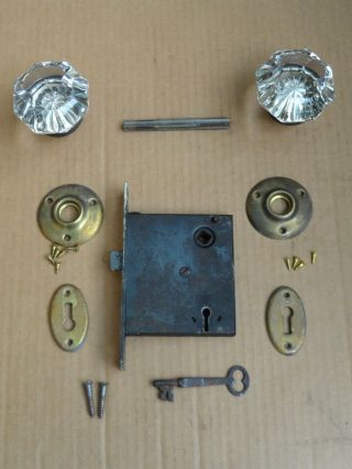Vintage Old Antique Glass Door Knob Set W/ Mortise Lock Key Hole & Backplates