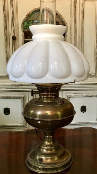 Antique B&h Bradley & Hubbard Rayo Electrified Oil Lamp With White Mellon Shade