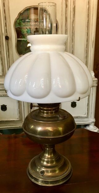 Antique B&H Bradley & Hubbard RAYO Electrified Oil Lamp with White Mellon Shade 3