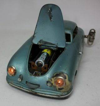 Antique Vintage JNF PORSCHE TIN WINDUP TOY Metallic Blue Model Car 4