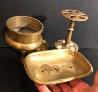 Antique Solid Brass Toothbrush,  Soap Dish and Cup holder 1900 ' s Vintage 3
