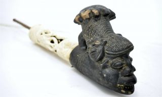 Vintage Decorative Bamum Bone & Clay Figural Tribal African Tobacco Pipe