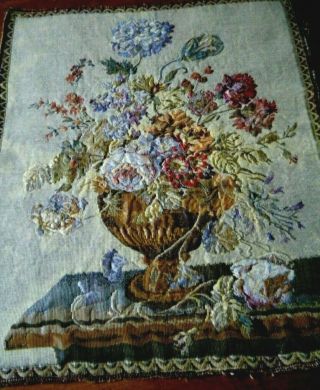 Old Vtg French Antique Picture Tapestry Vase W Flowers Handwoven 19th Century