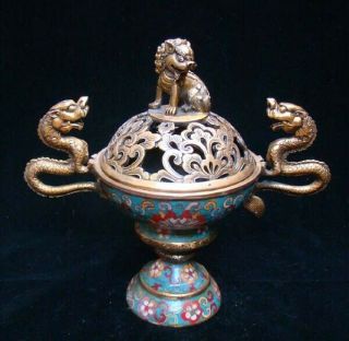 235mm Handmade Carving Statue Dragon Lion Brass Cloisonne Enamel Incense Burner