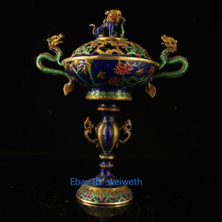 Rare Tibet Cloisonne Brass Censer Hand Carved Dragon & Lion Lid Incense Burner