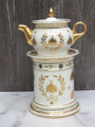 Antique Sevres VEILLEUSE TISANIERE Teapot Warmer White Gold Napoleonic Bee 2