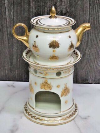 Antique Sevres VEILLEUSE TISANIERE Teapot Warmer White Gold Napoleonic Bee 5