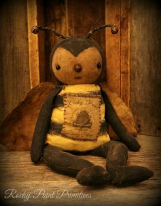 Primitive Spring Summer Honey Bee Doll With Bee Skep Label