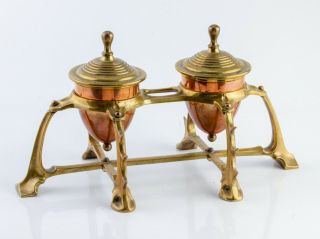 Arts & Crafts Nouveau Copper Brass Double Desk Inkwell Inkstand C1890