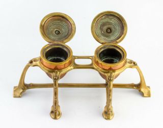 Arts & Crafts Nouveau copper brass double desk Inkwell inkstand c1890 5