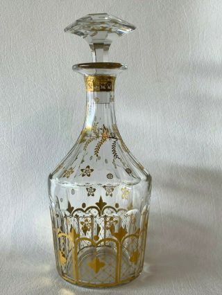 Antique French Art Glass Decanter Paneled,  Elaborate Gilt Decoration Baccarat ??
