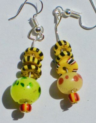 African Trade Bead Earrings Of Yellow Venetian Glass From Nigeria