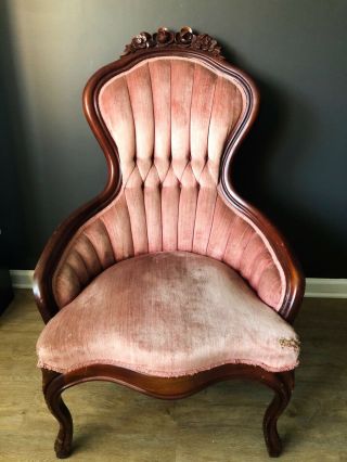Antique Carved Mahogany Victorian Parlor Chair Blush