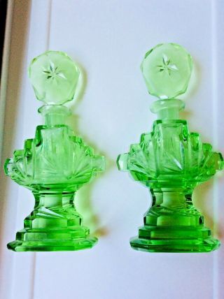 Pair Old Green Glass Vaseline? Glass Perfume Bottle Cut Glass Flowers ? Art Deco