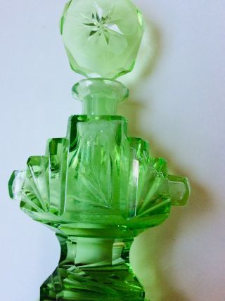 Pair Old Green Glass Vaseline? Glass Perfume Bottle Cut Glass Flowers ? Art Deco 2