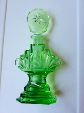 Pair Old Green Glass Vaseline? Glass Perfume Bottle Cut Glass Flowers ? Art Deco 3