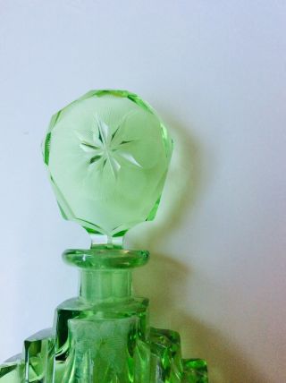 Pair Old Green Glass Vaseline? Glass Perfume Bottle Cut Glass Flowers ? Art Deco 4