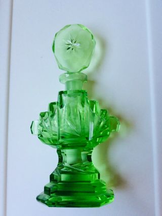 Pair Old Green Glass Vaseline? Glass Perfume Bottle Cut Glass Flowers ? Art Deco 6