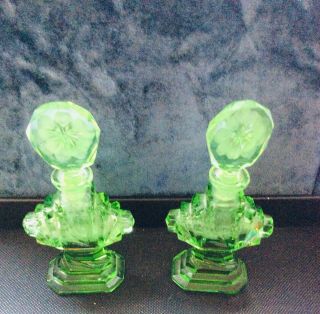 Pair Old Green Glass Vaseline? Glass Perfume Bottle Cut Glass Flowers ? Art Deco 8