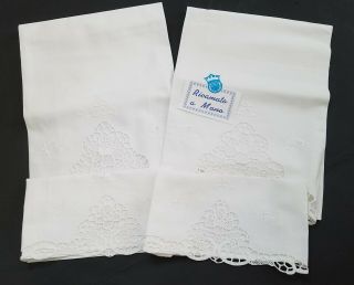 4 Vintage Italian Pure Linen Hand Embroidered Cutwork White Towels 43 