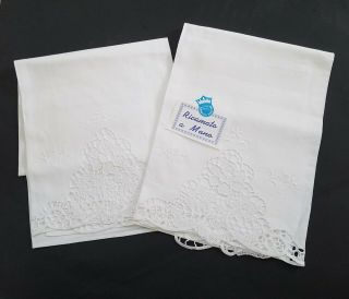 4 Vintage Italian Pure Linen Hand Embroidered Cutwork White Towels 43 