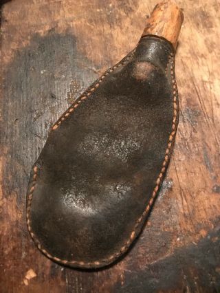 Revolutionary War 18th Century Perfect Leather Shot Bag Carved Wood Neck