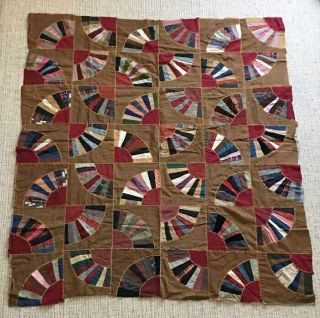 Antique Fan Quilt Top Hand Sewn Embroidery Patchwork Wool Cotton Rayon 61 X 71