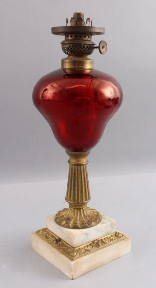 Antique 1850s American Sandwich Ruby Glass Whale Oil Lamp,  Brass & Marble Base