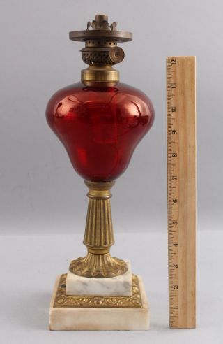 Antique 1850s American Sandwich Ruby Glass Whale Oil Lamp,  Brass & Marble Base 2