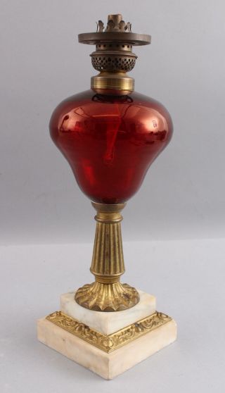 Antique 1850s American Sandwich Ruby Glass Whale Oil Lamp,  Brass & Marble Base 3