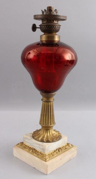 Antique 1850s American Sandwich Ruby Glass Whale Oil Lamp,  Brass & Marble Base 4