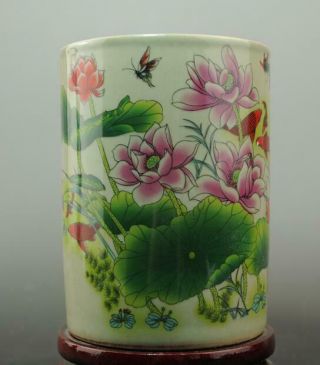 Chinese Old Hand - Made Famille Rose Porcelain Lotus Goldfish Graph Brush Pot B02