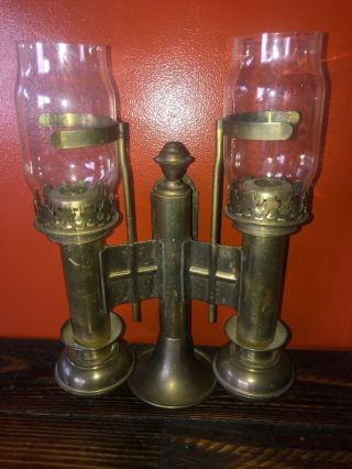 Vintage Brass Double Arm Candle Hang/ Stand Sconce Hurricane Shades Light Lamp