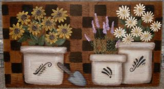 Primitive Hp Folk Art Crocks Of Sunflowers Daisies Lavender Board